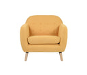 Sillón San Blas en tela amarilla con patas de madera de encino, mostrando su diseño elegante y acogedor.