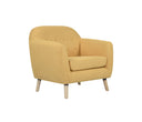 Sillón San Blas con respaldo redondeado, brazos y diseño tufted en color amarillo, patas de madera de encino.