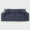 Sofá de dos cuerpos Otto GAIA tapizado en tela azul con cojines de asiento y respaldo profundos y mullidos vista frontal.
