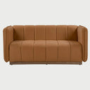 Sofá Porfirio GAIA de 2 cuerpos en tela café con diseño acolchado vertical vista de frente.