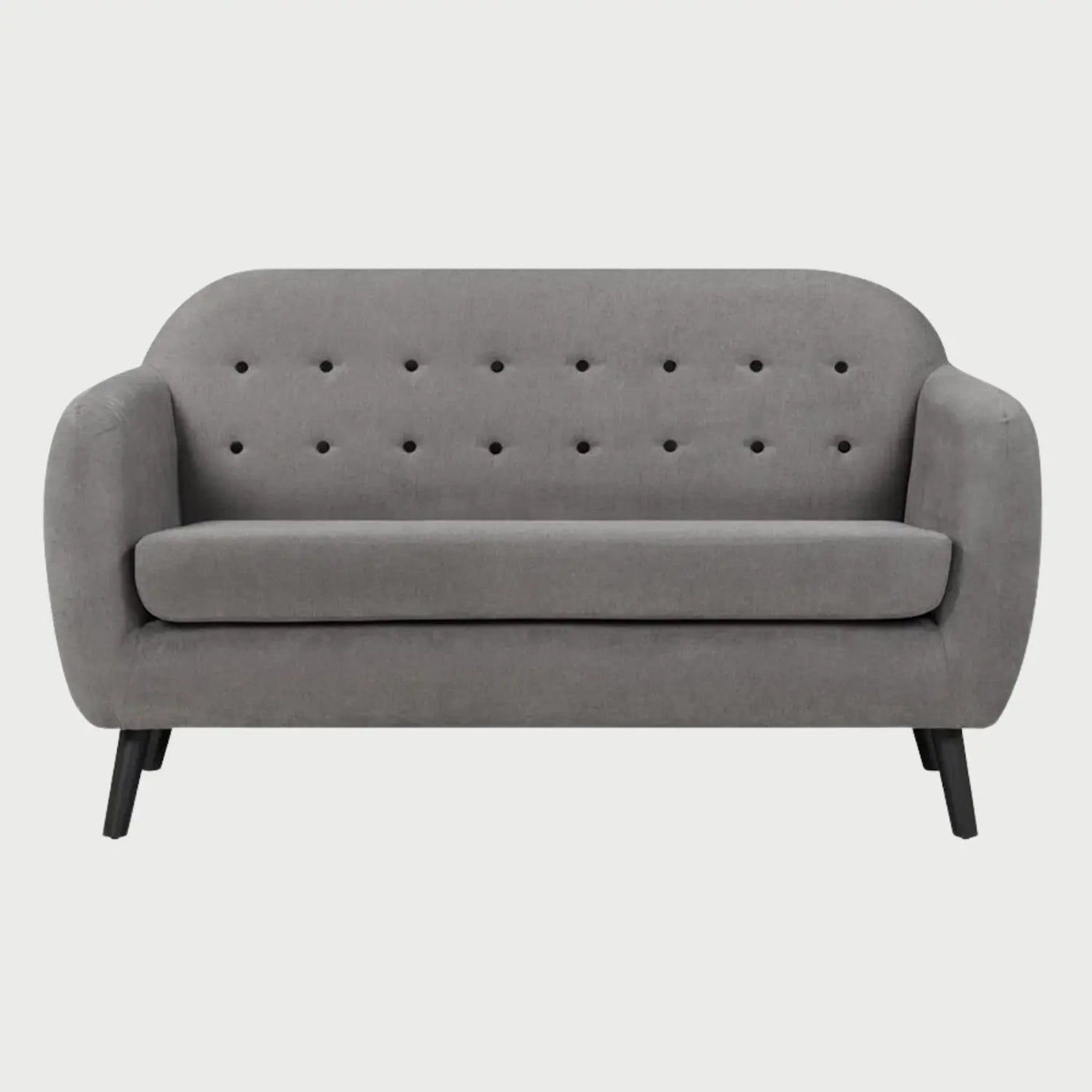 Sofá de dos cuerpos San Blas GAIA tapizado en tela gris con diseño de respaldo dividido en secciones verticales y patas oscuras.