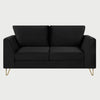 Sofá de dos cuerpos Yoco GAIA en terciopelo negro con patas de horquilla doradas y silueta de líneas limpias.