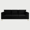 Vista frontal del sofá Yoco de tres cuerpos en terciopelo negro, destacando la elegancia del tono oscuro con el reflejo suave del terciopelo y patas metálicas negras.