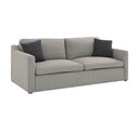 Sofá de tres cuerpos Marie en tela gris claro, con líneas modernas y cojines de acento gris oscuro, ideal para cualquier sala.