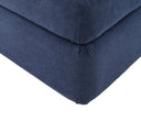 Taburete Amil azul con base cuadrada y tapizado acolchado, mostrando un diseño moderno y elegante.