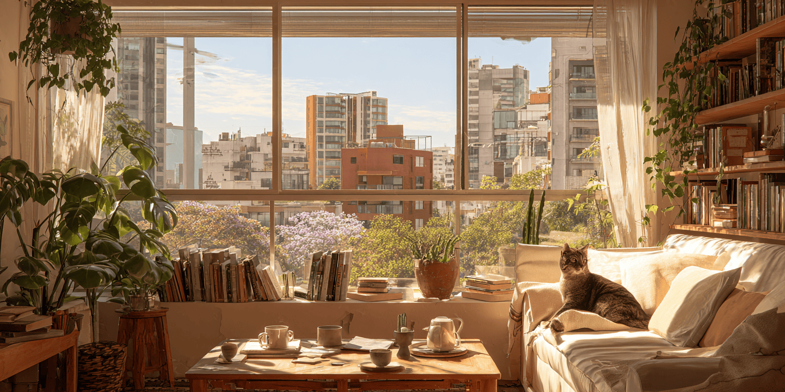 Sala luminosa con varias plantas de interior en un departamento