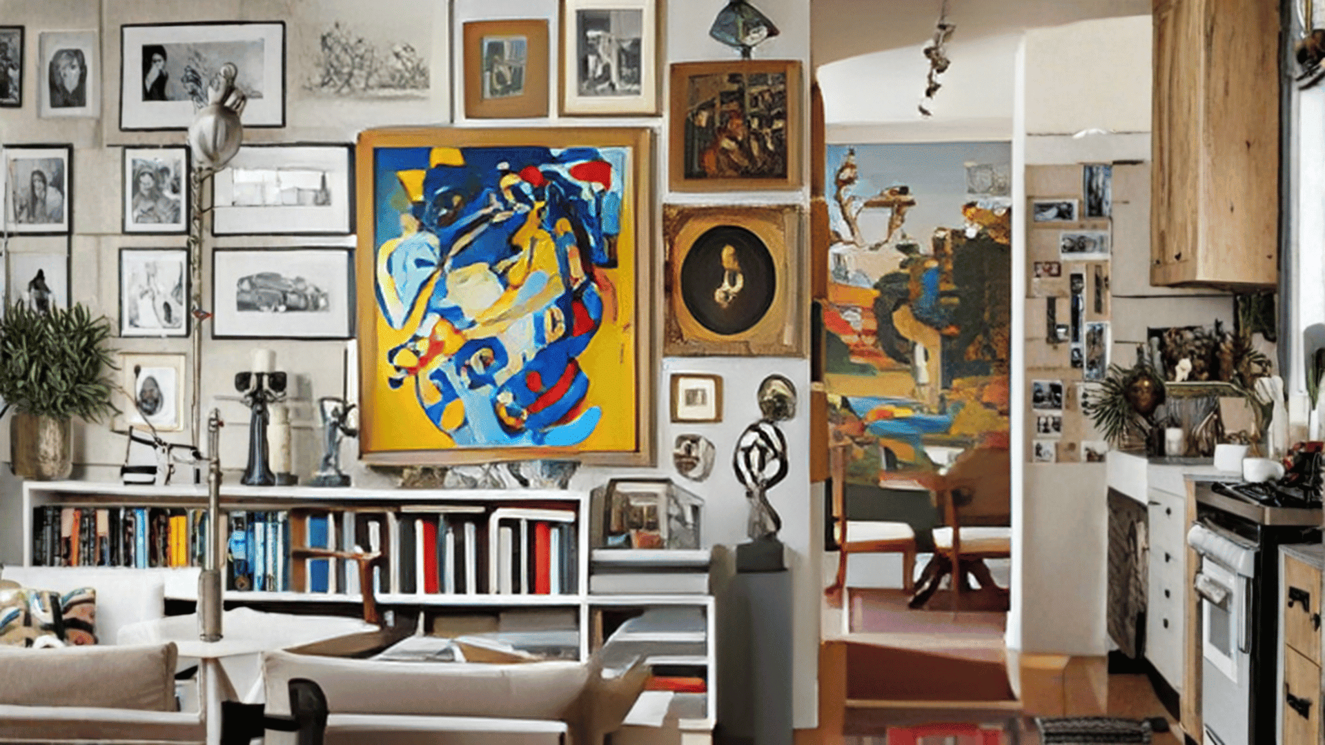 Sala con objetos retro, arte y muebles contemporáneos en armonía